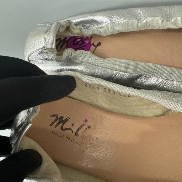 Milly Made in Italy Silver Metallic Leather Ballet Flats, Size 39.5 - Picture 12 of 15